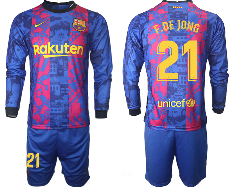 Men 2021-2022 Club Barcelona Second away blue Long Sleeve #21 Soccer Jersey->barcelona jersey->Soccer Club Jersey